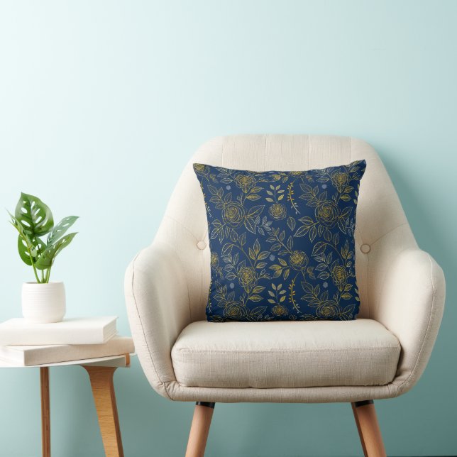Navy & Gold Rose  – Seamless Botanical Pattern Cushion (Chair)