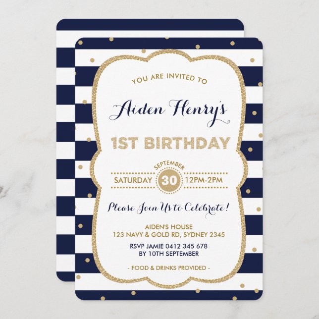 Navy & Gold Royal Prince 1st Birthday Invitation (Front/Back)