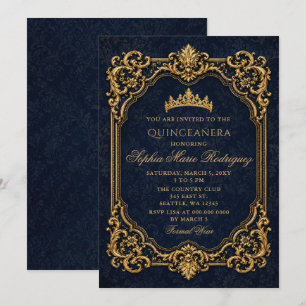 Navy Gold Royal Princess Tiara Quinceañera Invitation