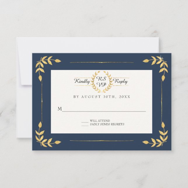 Navy Gold RSVP Modern Laurel Leaf Wreath Foliage Card (Front)