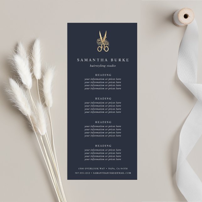 Navy & Gold Scissors | Salon Pricing or Services Rack Card (Creator Uploaded)