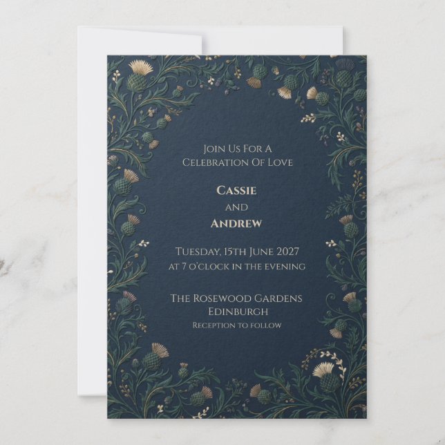 Navy Gold Scottish Thistle Wedding Invitation (Front)
