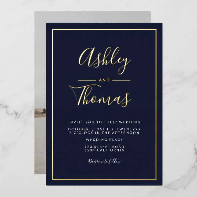 Navy gold script photo wedding geometric frame (Front/Back)