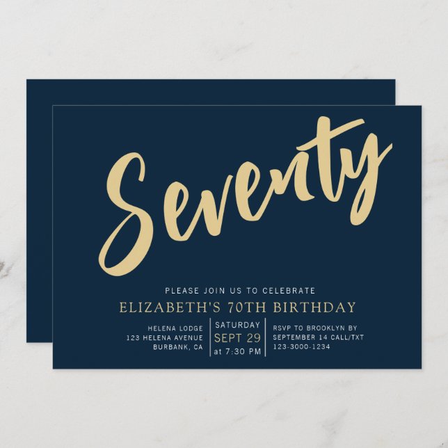 Navy Gold Script Seventy 70th Birthday Invitation (Front/Back)
