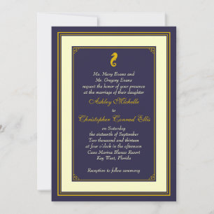 Navy Gold Seahorse Nautical Wedding Invitation