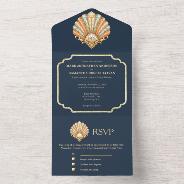 Navy Gold Seashell Wedding Card Coastal Luxury (Inside)