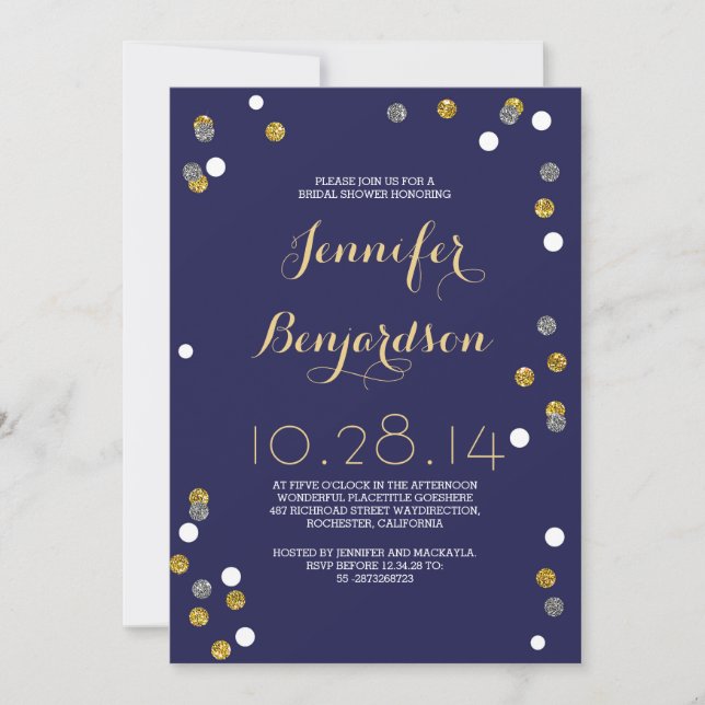 Navy Gold & Silver Confetti Bridal Shower Invitation (Front)