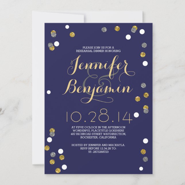 Navy Gold & Silver Confetti Rehearsal Dinner Invitation (Front)