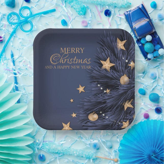 Navy Gold Simple Christmas Day 9" Square  Paper Plate (Party)