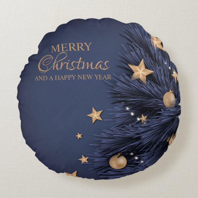 Navy Gold Simple Christmas Day Round Throw Pillow (Front)