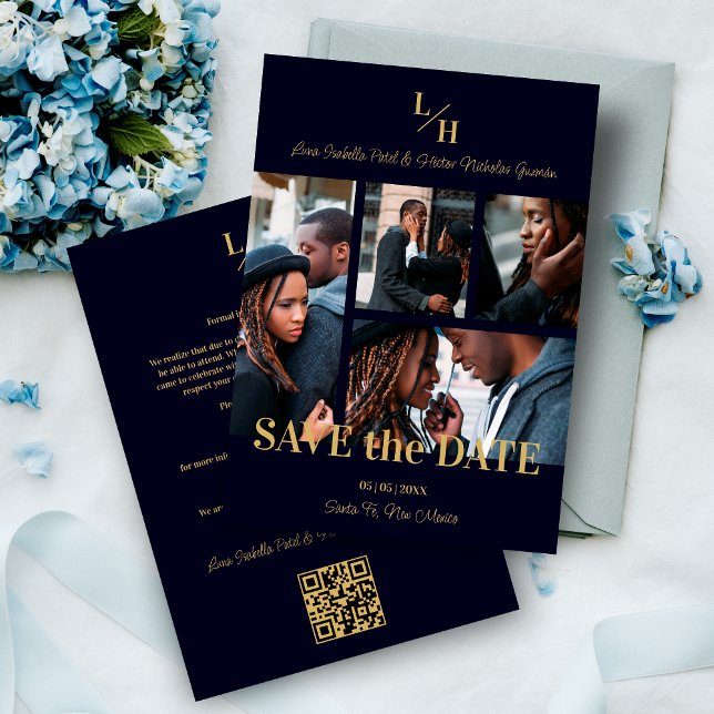 Navy & Gold Simple Classic 4 Multi Photos Collage Save The Date (Navy Blue & Fake Gold Simple Classic 4 Multi Photos Collage Save the Date Card with Envelope. )