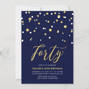 Navy & Gold Simple Forty 40th Birthday Party Invitation