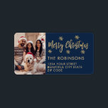 Navy Gold Snowflake Photo Christmas Return Address Label<br><div class="desc">Modern Navy and Gold Snowflake Photo Merry Christmas Script Holiday Christmas Return Address Labels. Features a „Merry Christmas” script,  one family photo,  snowflakes on navy blue background. Great for Christmas holiday season,  easy to personalise them with your names and return address info.</div>