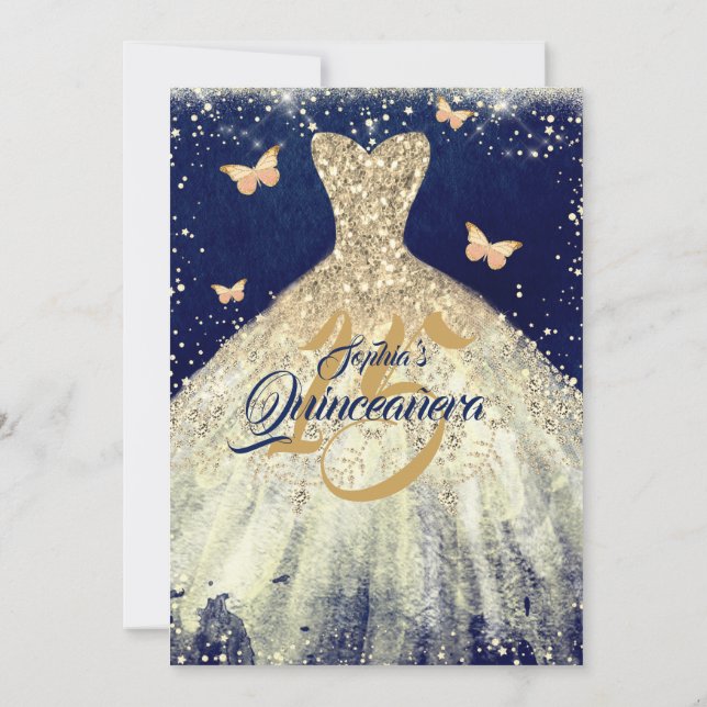 Navy Gold Sparkle Butterfly Dress Quinceanera Invitation (Back)