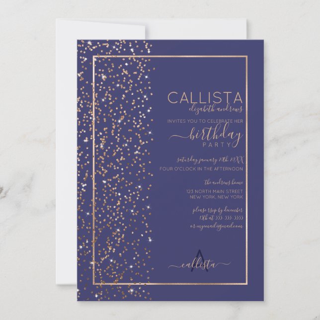 Navy Gold Sparkly Glitter Confetti Side Birthday Invitation (Front)