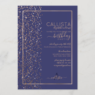 Navy Gold Sparkly Glitter Confetti Side Birthday Invitation