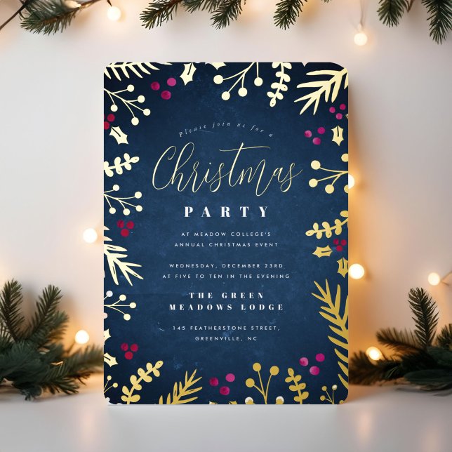 Navy + Gold Sprigs, Berries Christmas Party  (hand drawn sprigs and berries Christmas party invitation in navy and gold foil)