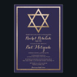 Navy Gold Star Border Bat Mitzvah Hebrew Name Invitation<br><div class="desc">This modern and elegant bat mitzvah invitation with the Hebrew name is perfect for your child's special day. It features a faux printed gold foil Star of David and border on top of a simple navy blue background with ornate cursive typography. It's chic, pretty, minimalist, and regal. ***IMPORTANT DESIGN NOTE:...</div>