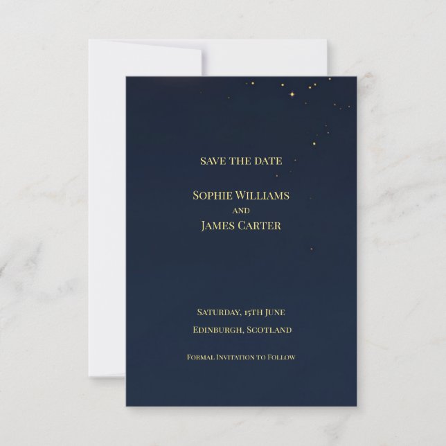 Navy Gold Star Celestial Scottish Wedding Save The Date (Front)