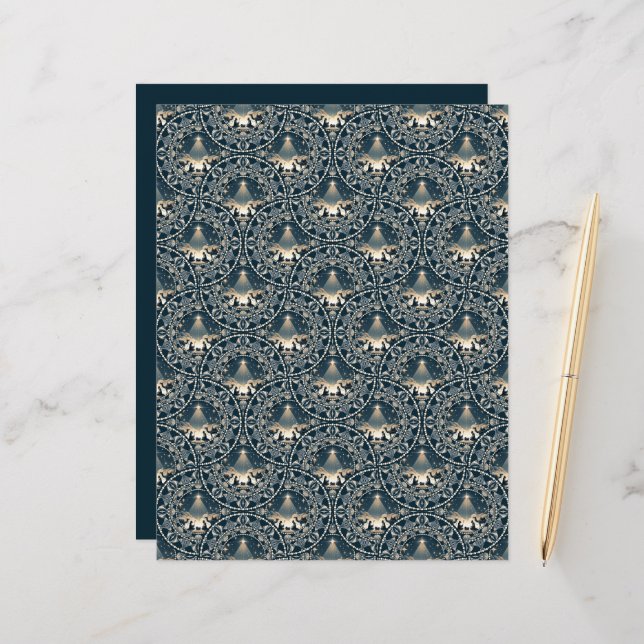 Navy & Gold Star of Wonder Mandala Art Deco Fans (Front/Back In Situ)