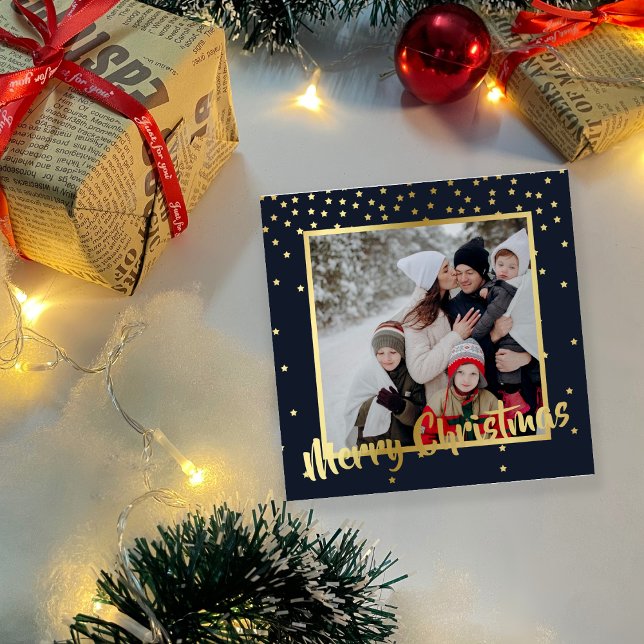 Navy Gold Stars Merry Christmas Square Photo Card (Creator Uploaded)