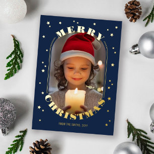 Navy Gold Stars Oblong Photo Merry Christmas Foil Holiday Card