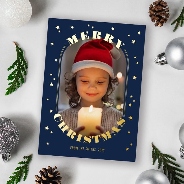 Navy Gold Stars Oblong Photo Merry Christmas Foil Holiday Card (Creator Uploaded)