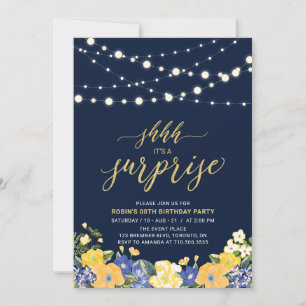 Navy & Gold String Lights Surprise Birthday Party Invitation