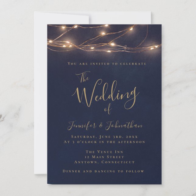 Navy Gold String Lights Wedding Invitations (Front)