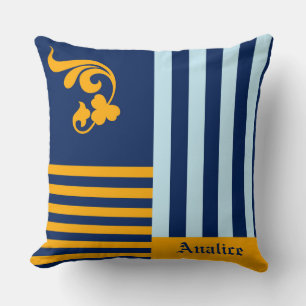 Navy Gold Stripe Name Decor Cushion