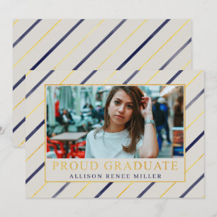 Navy Gold Stripes Modern Elegant Photo Graduation Invitation