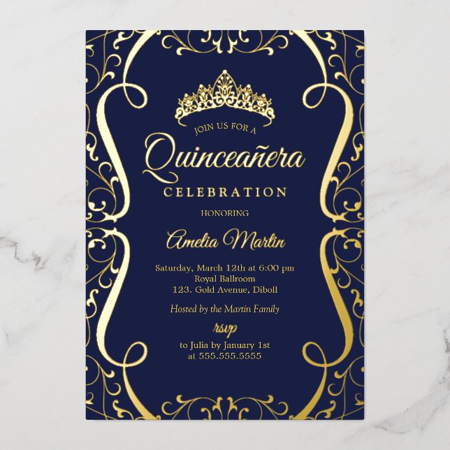 Navy Gold Swirl Elegant Quinceanera  (Front)