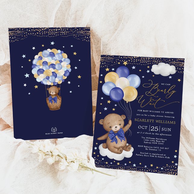 Navy Gold Teddy Bear Balloons Boy Baby Shower Invitation (Creator Uploaded)