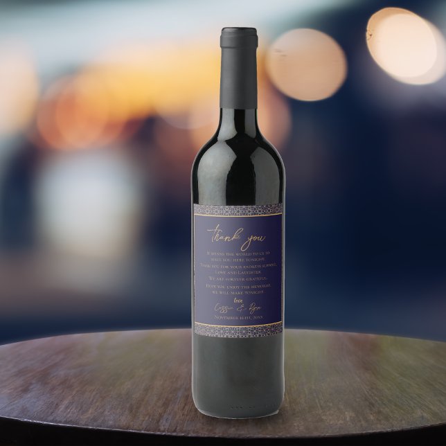 Navy Gold Thank You Intricate Design Wedding Favou Wine Label (Navy Gold Thank You Intricate Design Wedding Favor Wine Label)