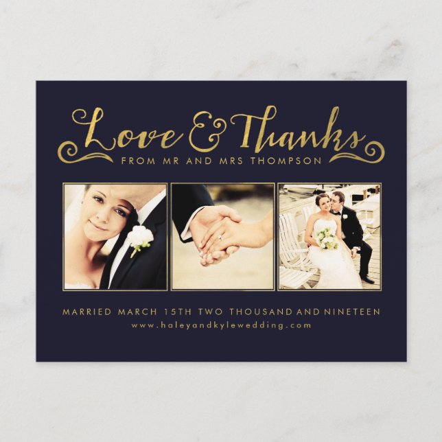 Navy Gold Thank You Script Typography Photo Postcard (Front)