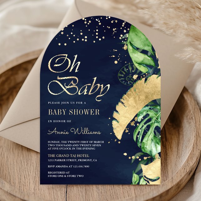 Navy Gold Tropical Monstera Palm Arch Baby Shower Invitation (Creator Uploaded)