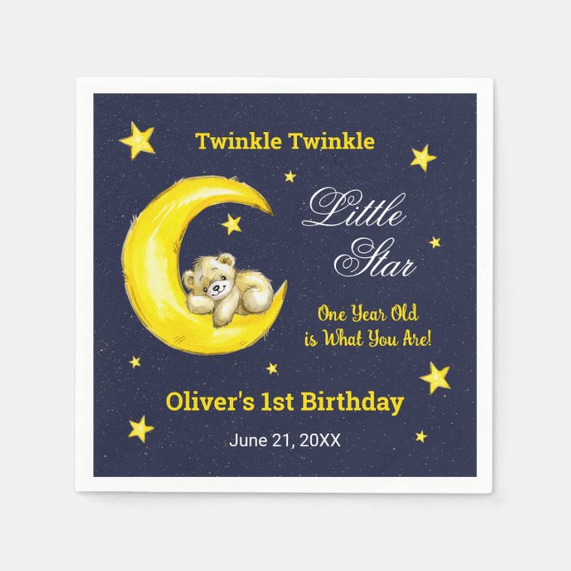 Navy Gold Twinkle Litle Star 1st Birthday Napkin (Front)