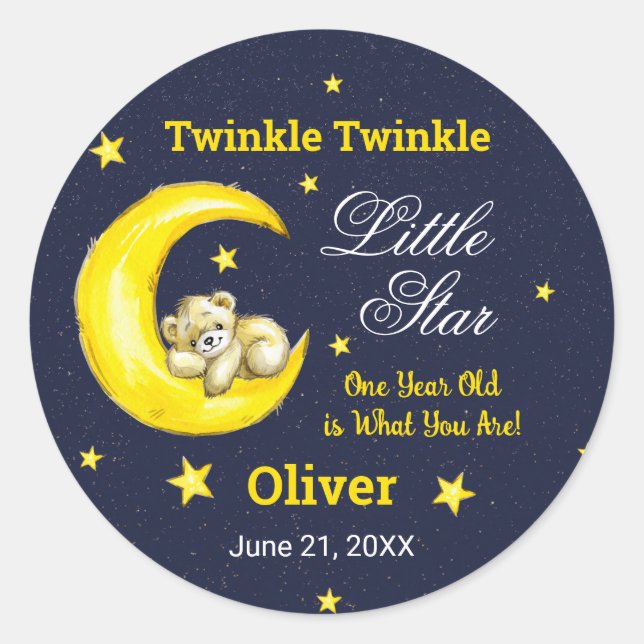 Navy Gold Twinkle Little Star 1st Birthday Classic Round Sticker (Front)