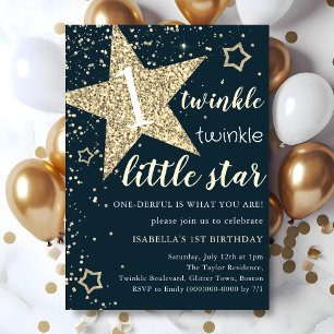 Navy & Gold Twinkle Little Star 1st Birthday  Invitation