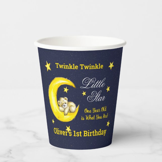 Navy Gold Twinkle Little Star 1st Birthday Paper Cups (Front)