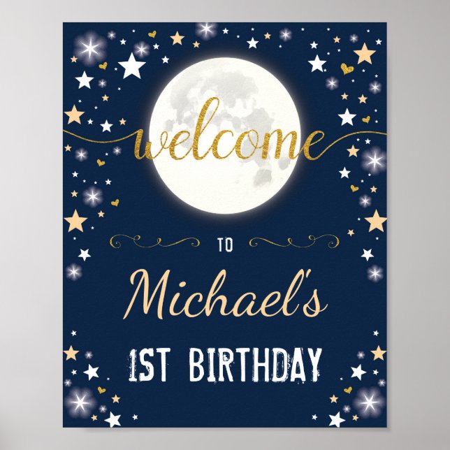 Navy Gold Twinkle Star Boy Birthday Moon Galaxy Poster (Front)