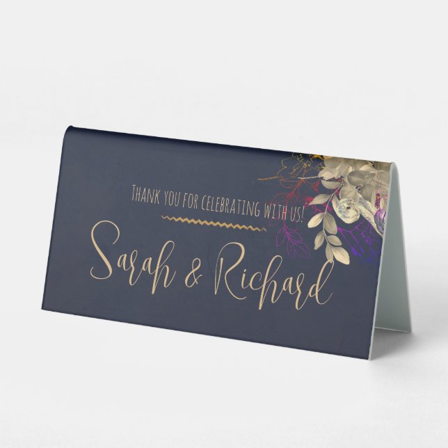 Navy & Gold Velvet Luxe Wedding Script Botanical (Back)