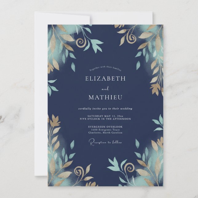 Navy Gold Vine Wedding Invitation (Front)