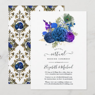 Navy & Gold Vintage Peacock Floral Virtual Wedding Invitation