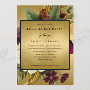 NAVY GOLD VINTAGE RETRO BURGUNDY FLORAL ENGAGEMENT INVITATION