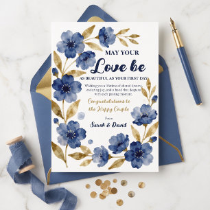 Navy Gold Watercolor Floral Wedding Congrats Card