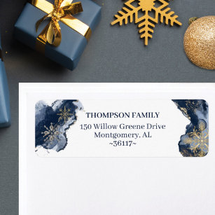 Navy & Gold Watercolor Gold Snowflakes & Jewels Return Address Label