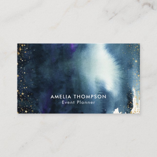 Navy Gold Watercolor Ombre Modern Business Card (Front)