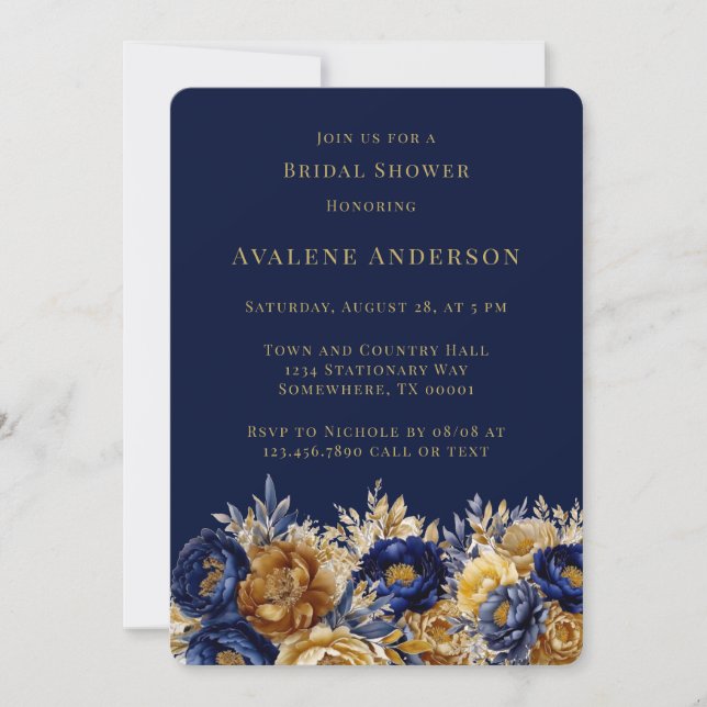 Navy Gold Watercolor Peony Bridal Shower Invitation (Front)
