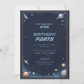 Navy Gold Watercolor Rocket Planet Border Birthday Invitation
